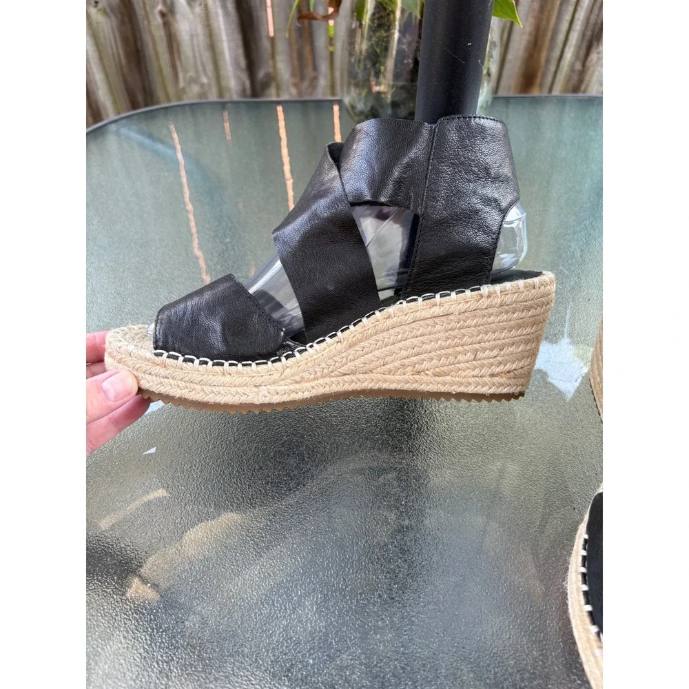 Eileen Fisher Womens Black Leather Espadrille Wedge Sandals 8.5 EF-WILLOW-LEA